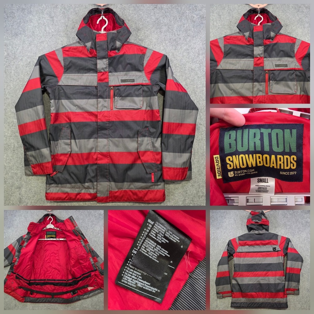 Burton Jacket Mens Small Red Gray Stripe DRYRIDE Hooded‎ Ski Snowboard Insulated